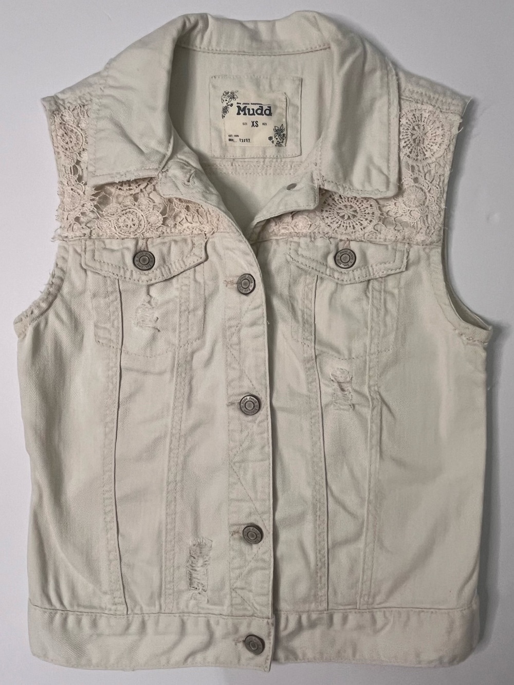 Mudd Crochet Lace Distressed Denim Vest XS Boho
